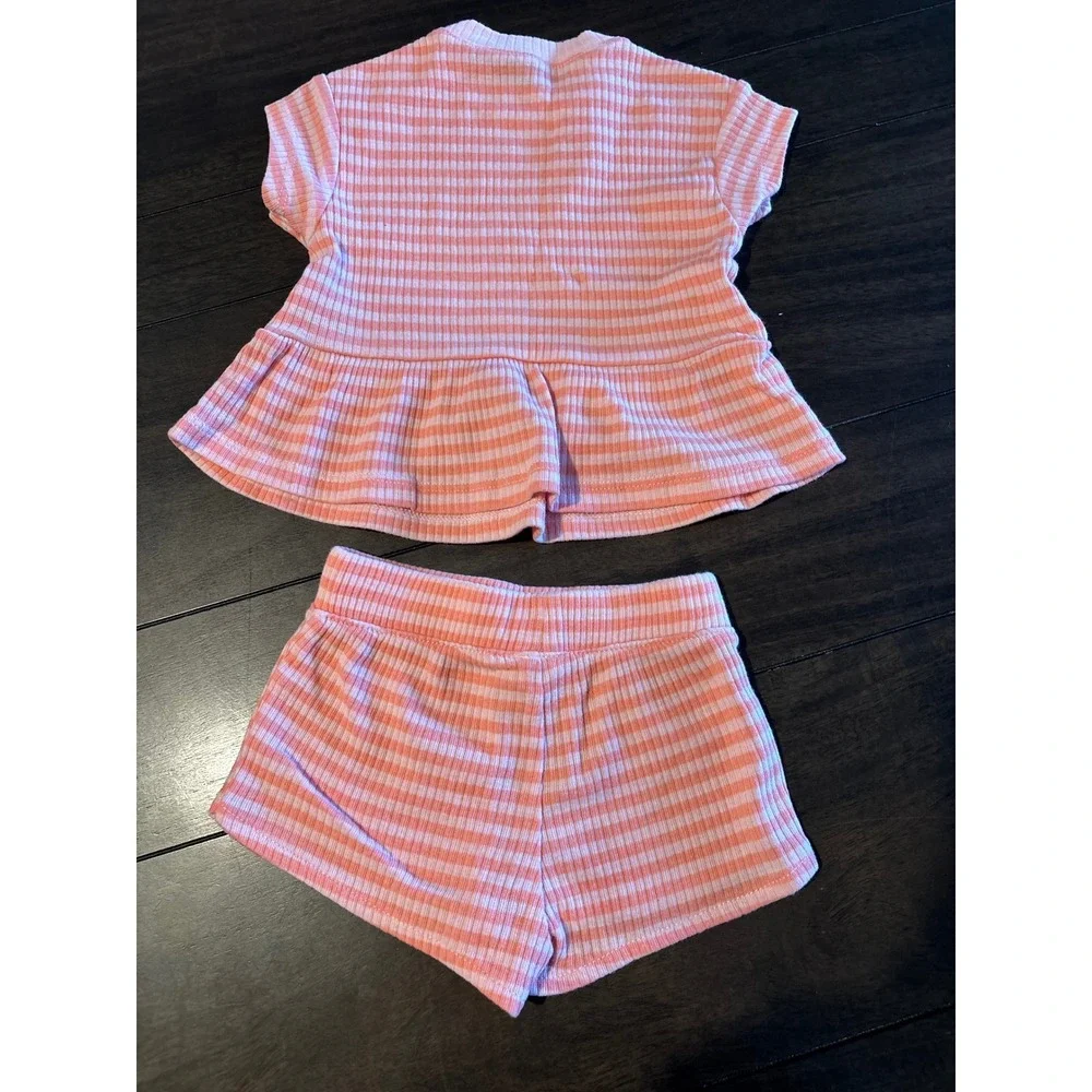 Carters Baby Girl 3M Pink White Striped Ribbed Peplum Top and Shorts Set